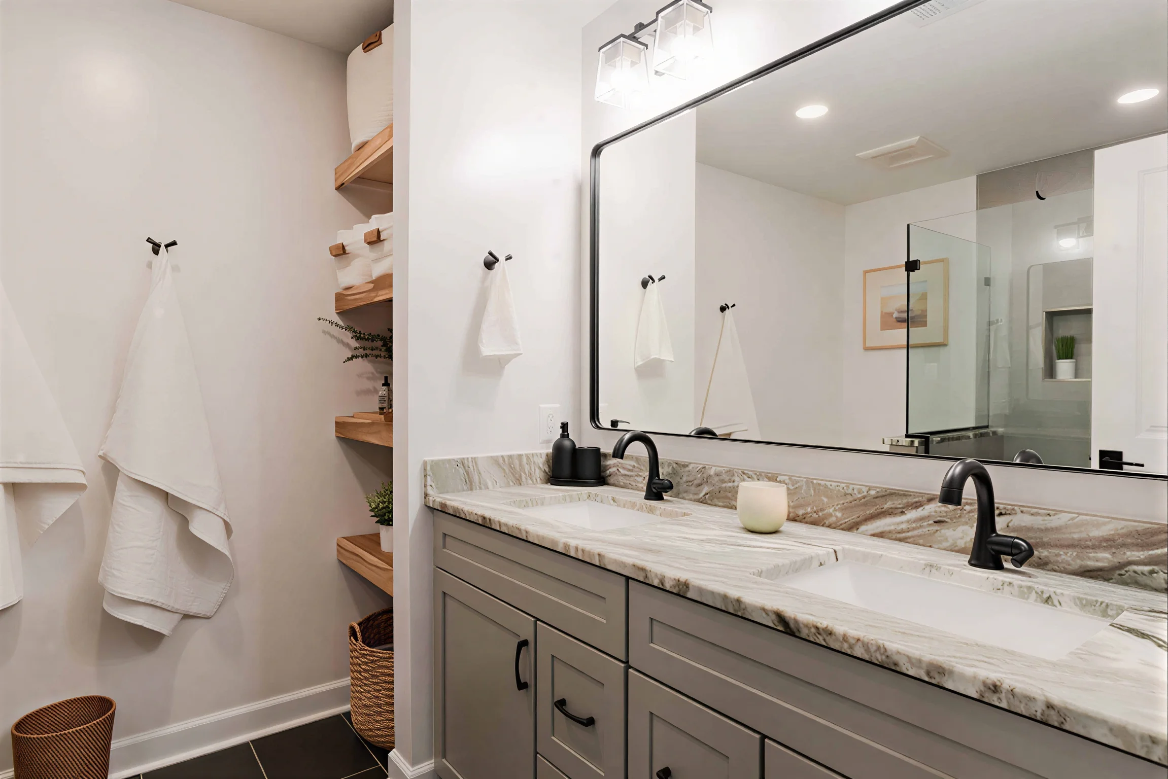 Expanded Primary Bath Retreat modern bathroom double vanity gray cabinets.jpg