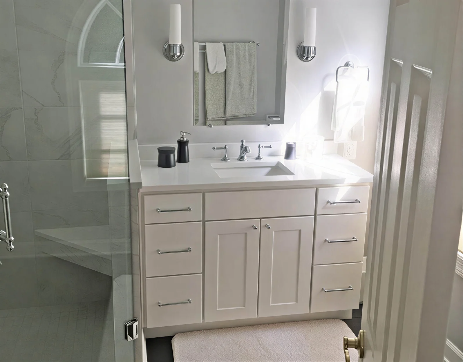 Bright Transitional Bathroom in Davidsonville modern white bathroom vanity with glass shower